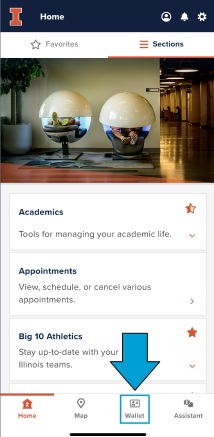 Wallet is the third of four options in the menu at the bottom of the Illinois App home screen.