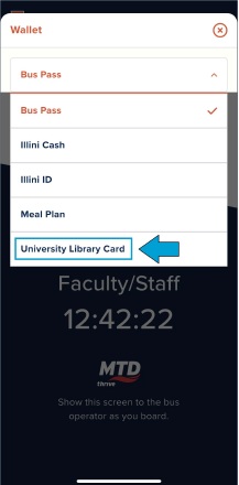 "University Library Card" is the fifth option in the Wallet dropdown list.