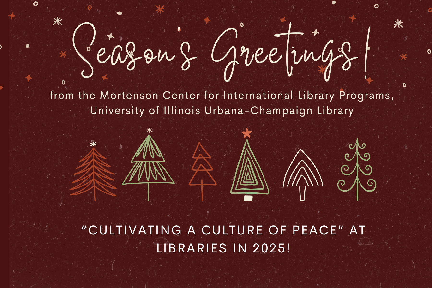 A holiday greeting card with doodles of trees with the text, 